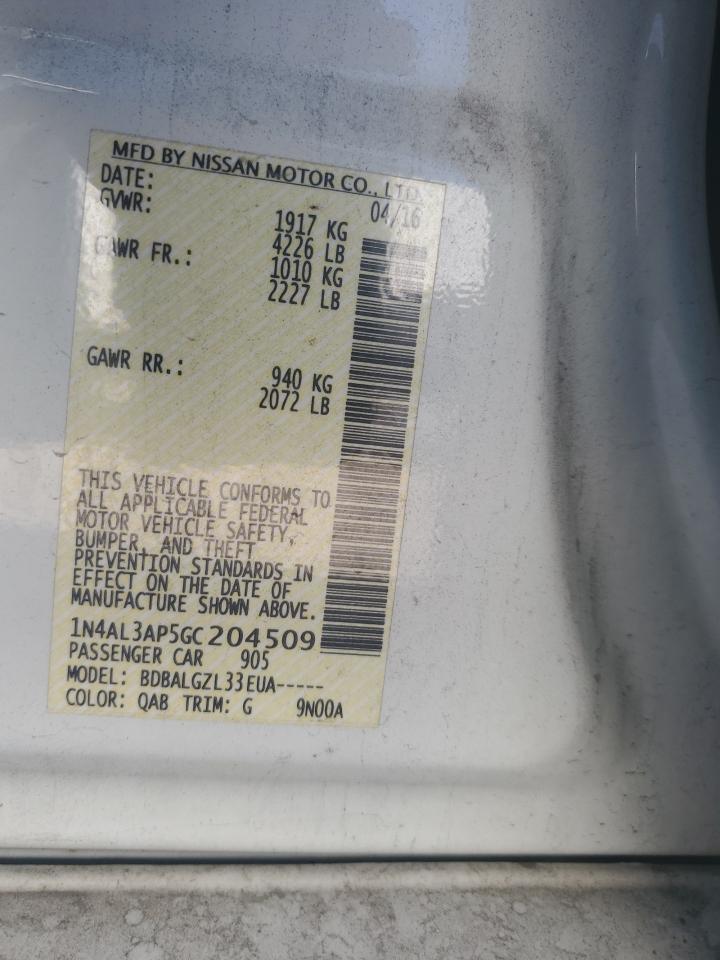 2016 Nissan Altima VIN 1N4AL3AP5GC204509 Copart auction photo, front end / minor dent/scratches damage thumbnail 14