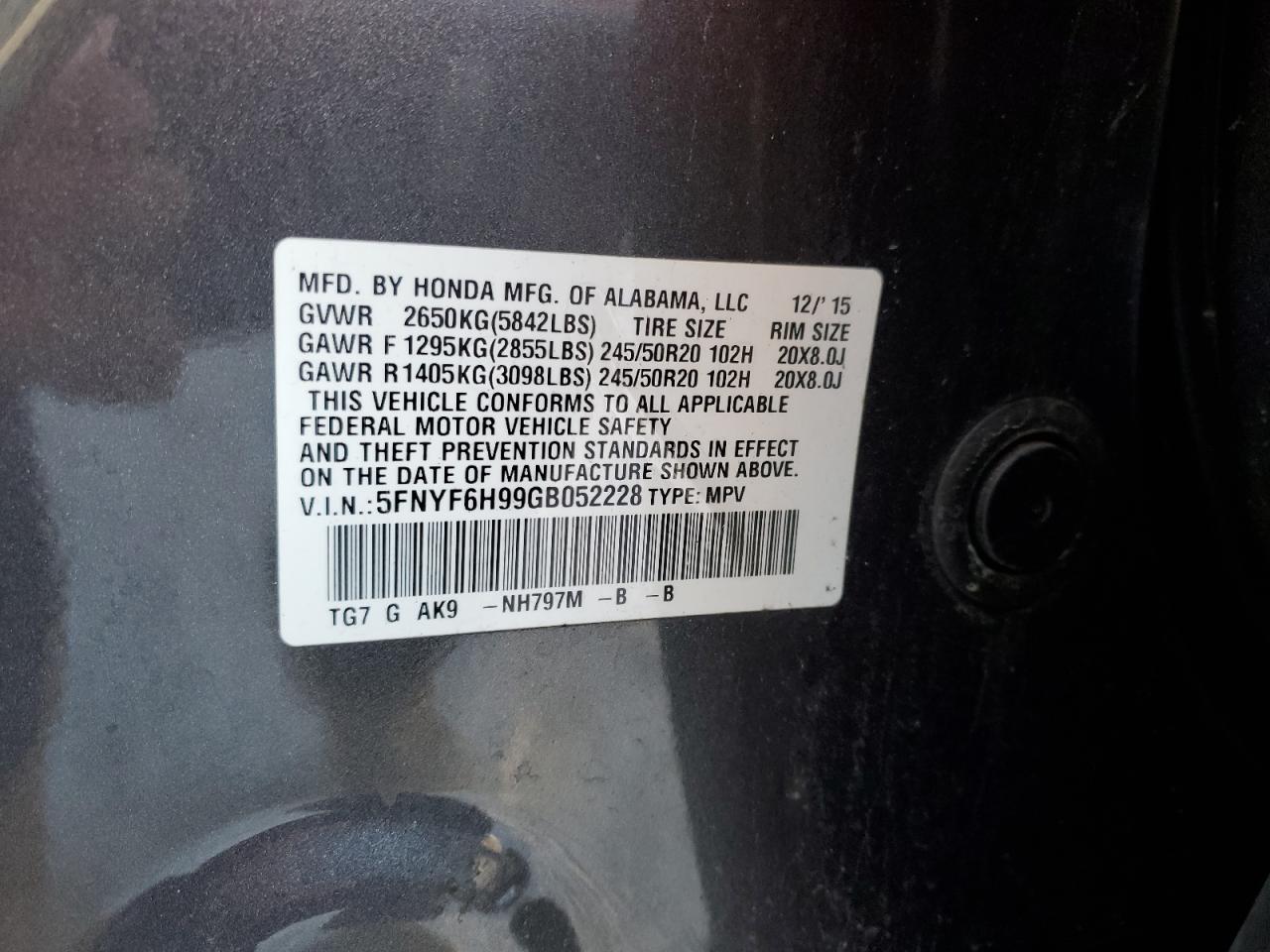 2016 Honda Pilot VIN 5FNYF6H99GB052228 Copart auction photo, front end damage thumbnail 13