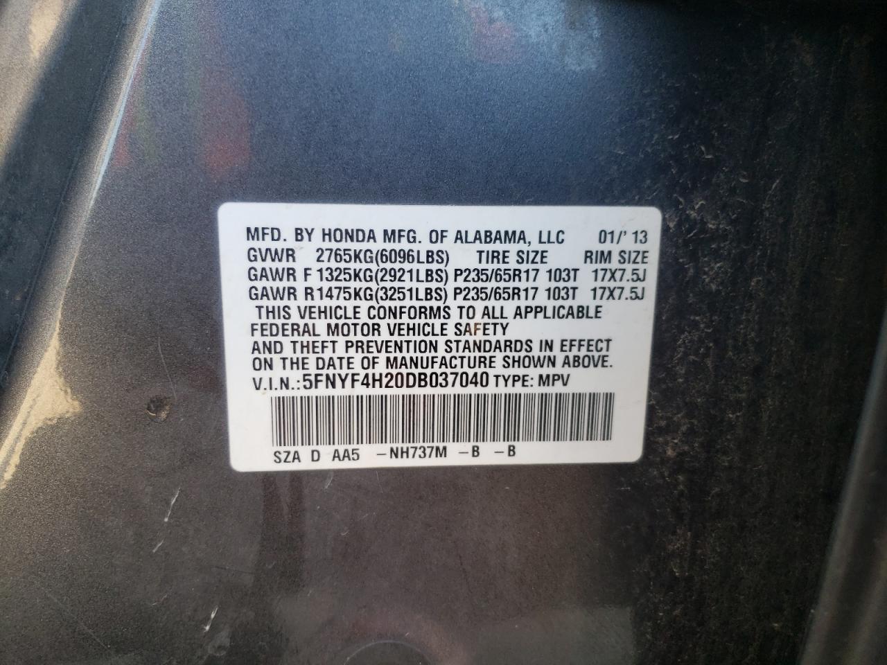 2013 Honda Pilot VIN 5FNYF4H20DB037040 Copart auction photo, front end damage thumbnail 14