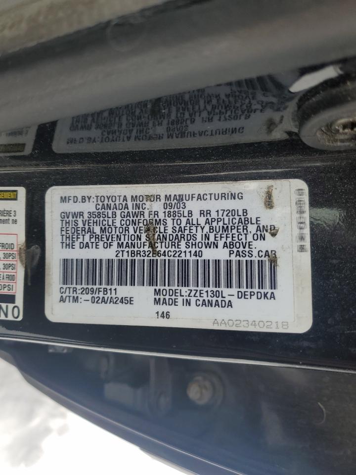 2004 Toyota Corolla VIN 2T1BR32E64C221140 Copart auction photo, front end / minor dent/scratches damage thumbnail 12
