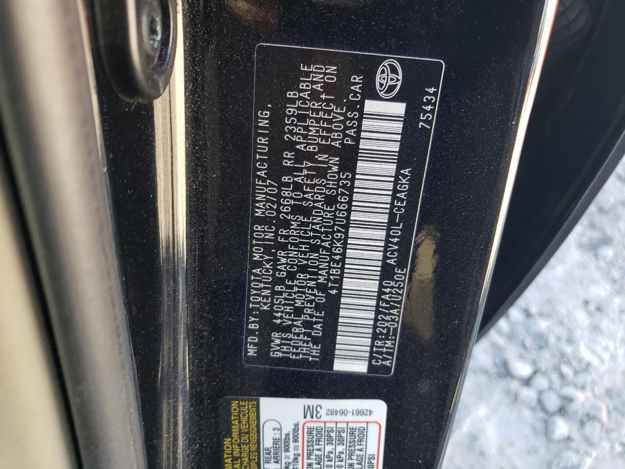 2007 Toyota Camry VIN 4T1BE46K97U666735 Copart auction photo, side / minor dent/scratches damage thumbnail 12
