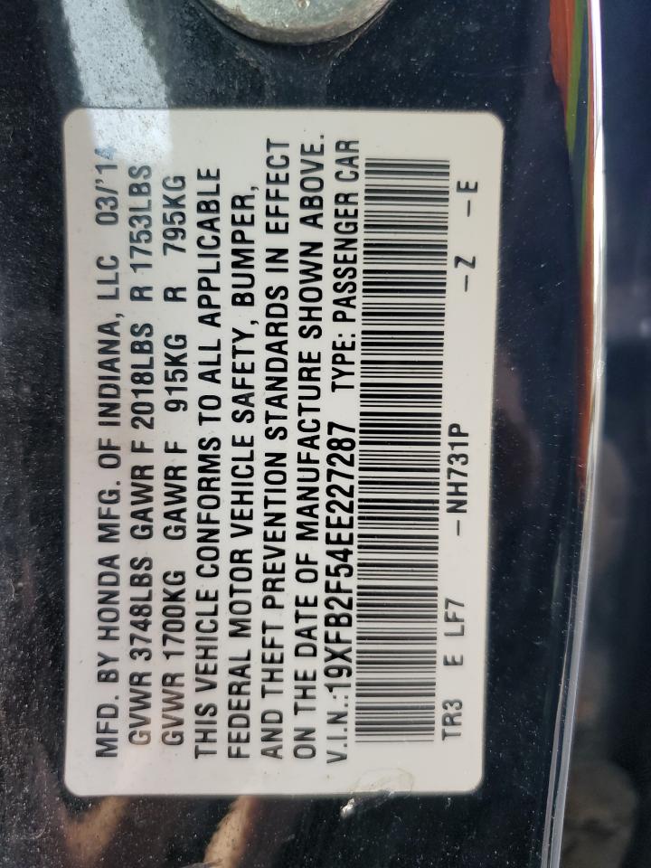 2014 Honda Civic VIN 19XFB2F54EE227287 Copart auction photo, front end / side damage thumbnail 13