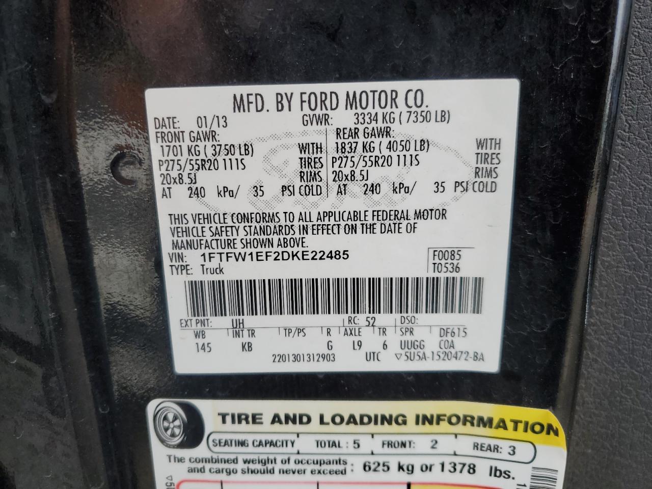 2013 Ford F-150 VIN 1FTFW1EF2DKE22485 Copart auction photo, front end / side damage thumbnail 14
