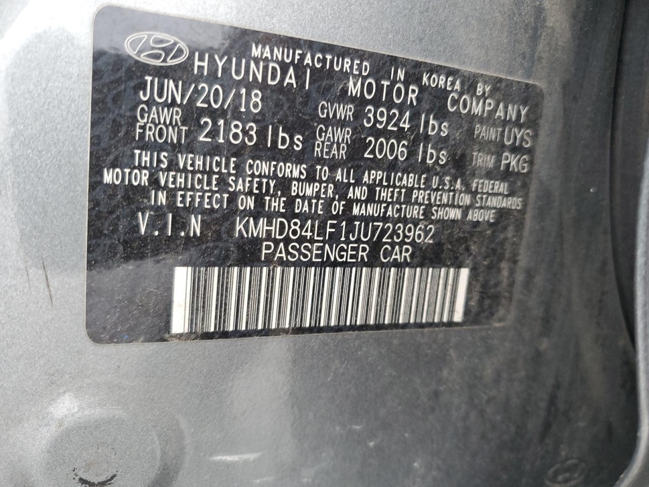 2018 Hyundai Elantra VIN KMHD84LF1JU723962 Copart auction photo, rear end damage thumbnail 12