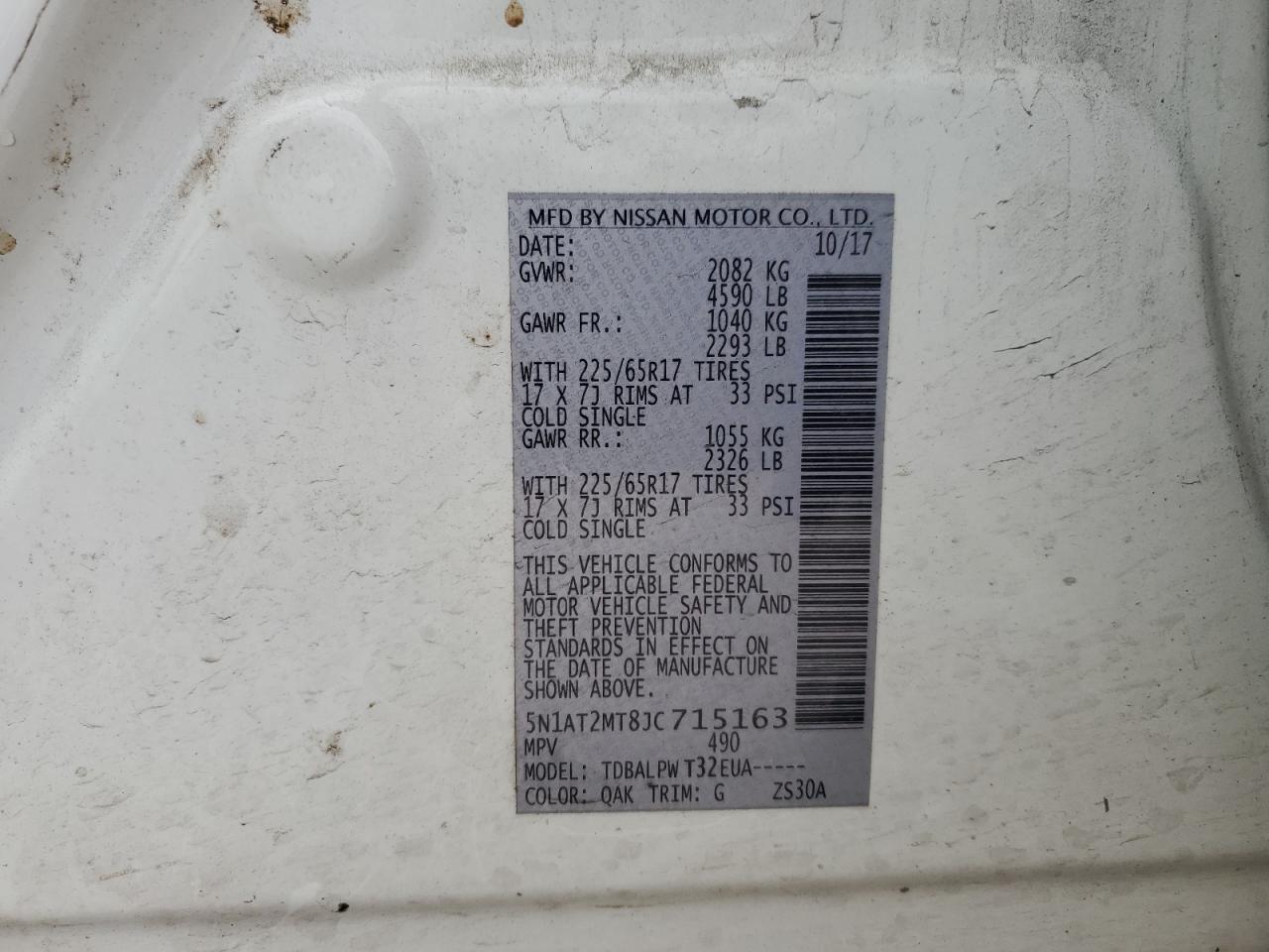 2018 Nissan Rogue VIN 5N1AT2MT8JC715163 Copart auction photo, side damage thumbnail 15