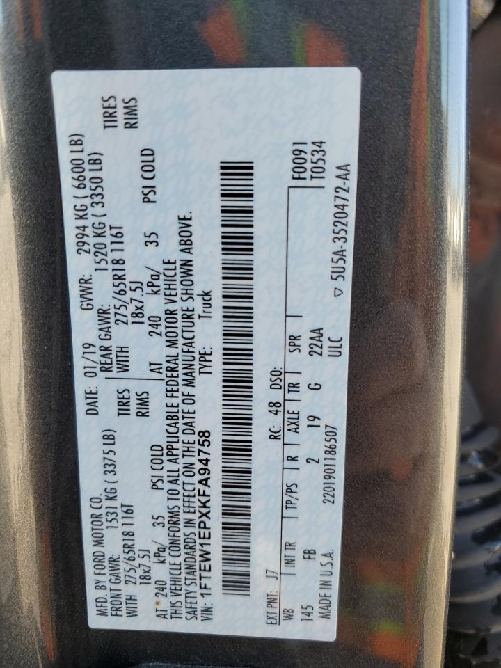 2019 Ford F-150 VIN 1FTEW1EPXKFA94758 Copart auction photo, front end / hail damage thumbnail 13