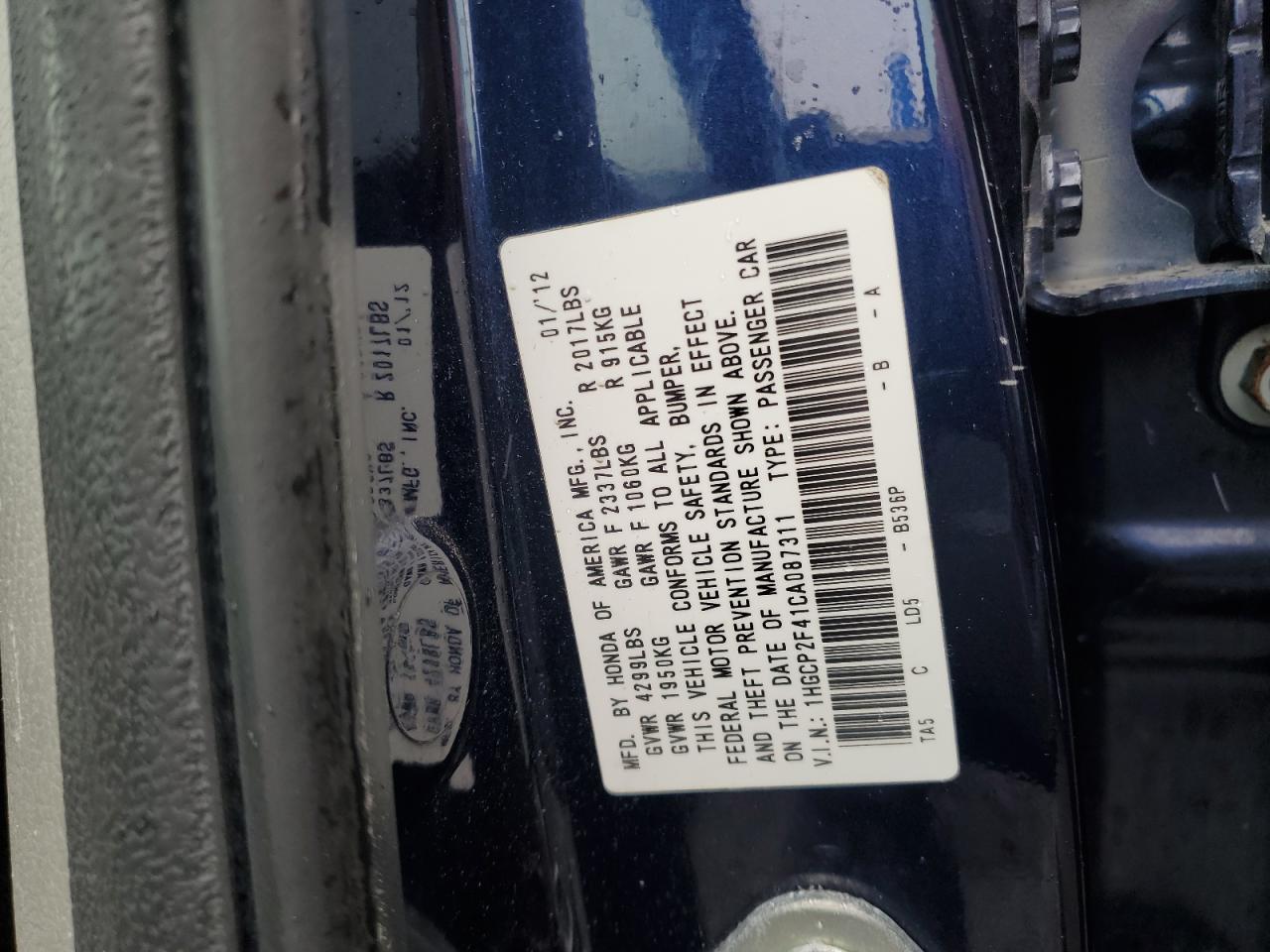 2012 Honda Accord VIN 1HGCP2F41CA087311 Copart auction photo, front end / rear end damage thumbnail 12