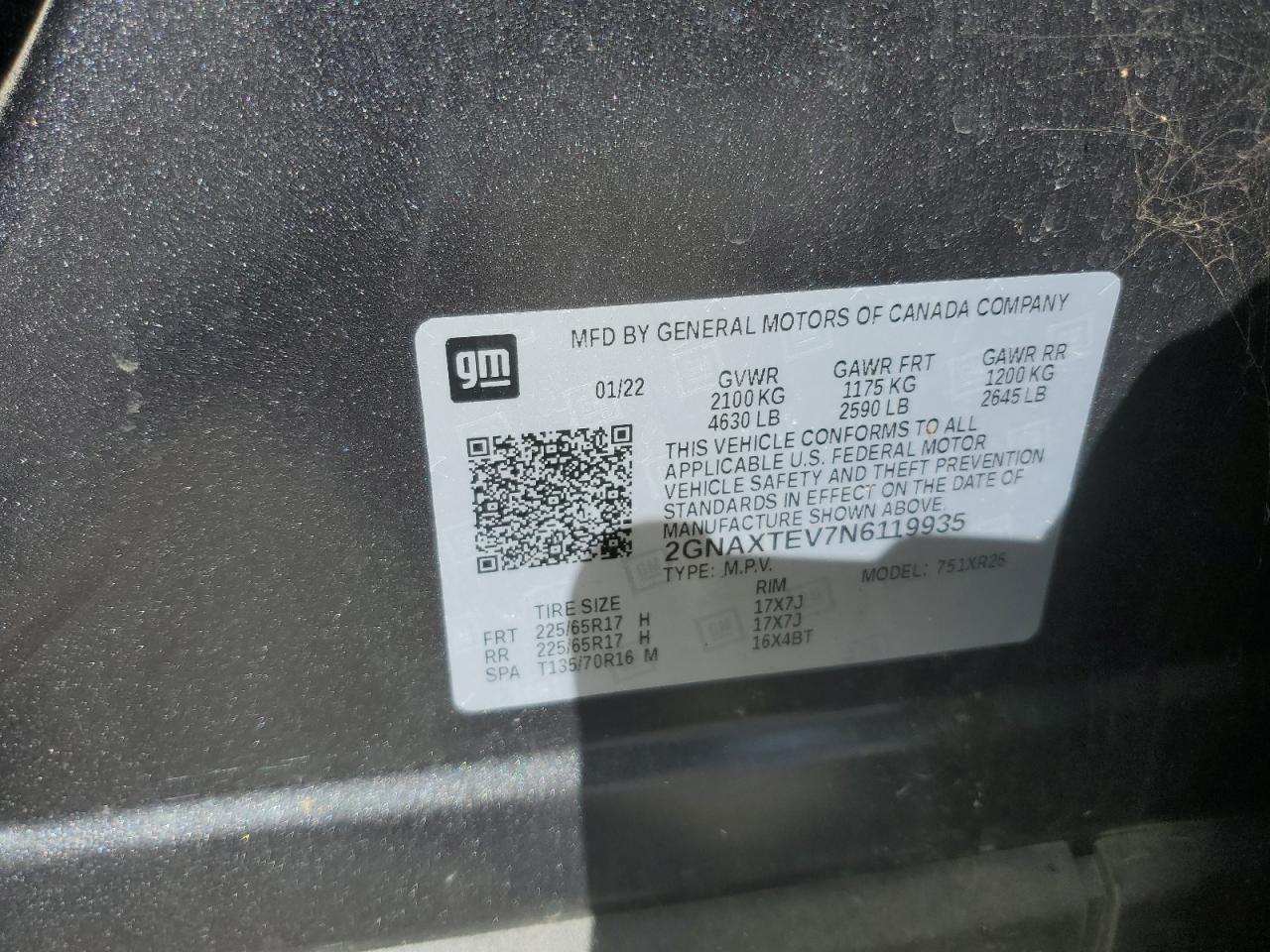 2022 Chevrolet Equinox VIN 2GNAXTEV7N6119935 Copart auction photo, undercarriage damage thumbnail 13