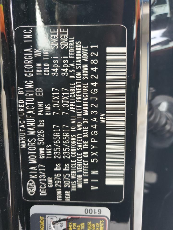2018 KIA Sorento VIN 5XYPG4A32JG424821 Copart auction photo, top/roof damage thumbnail 15