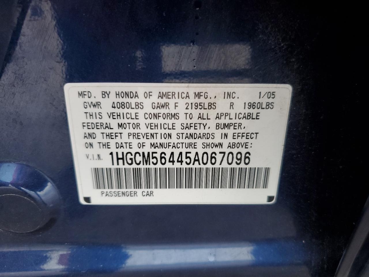2005 Honda Accord VIN 1HGCM56445A067096 Copart auction photo, front end / side damage thumbnail 14