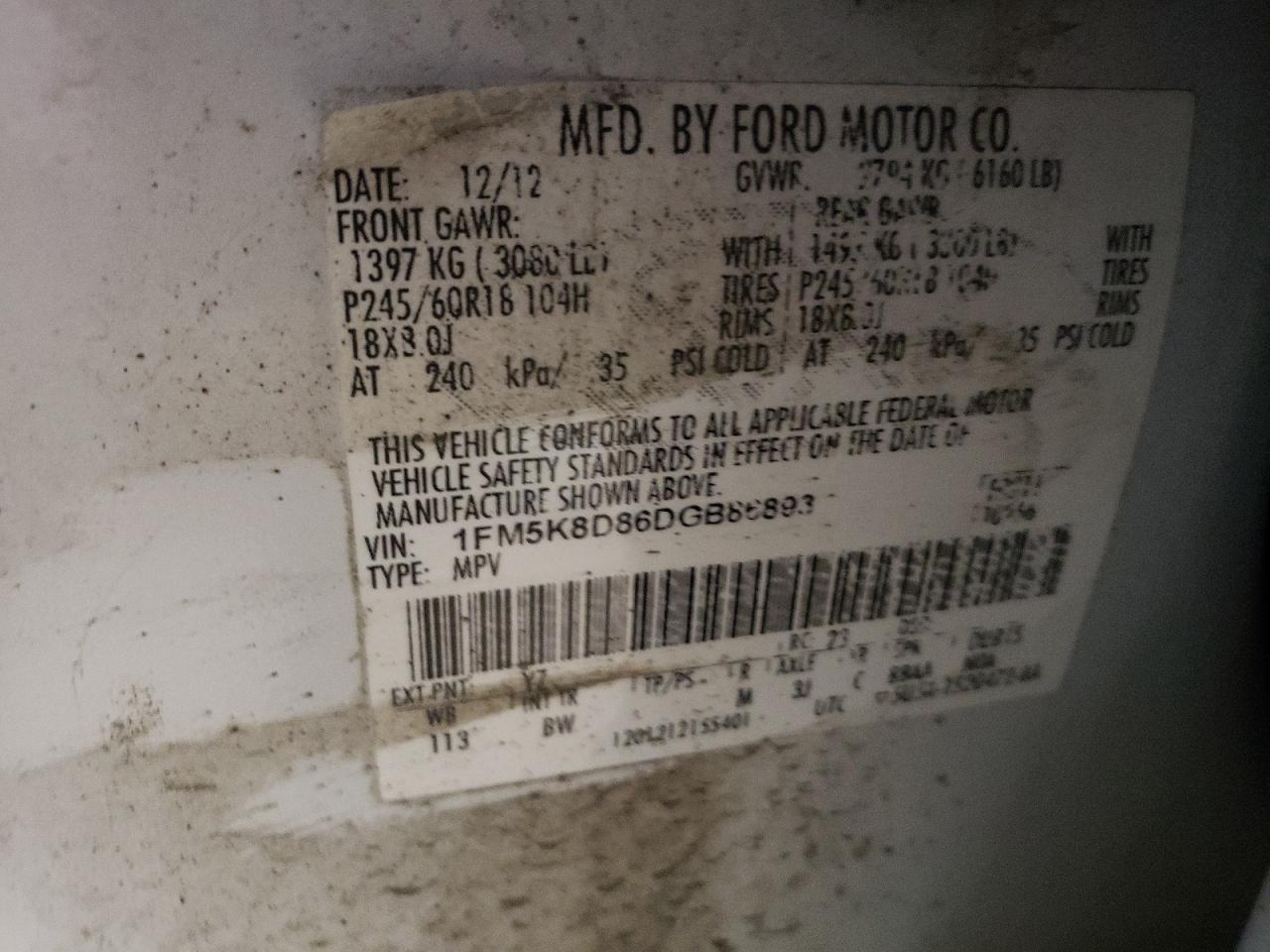 2013 Ford Explorer VIN 1FM5K8D86DGB86893 Copart auction photo, front end / side damage thumbnail 15