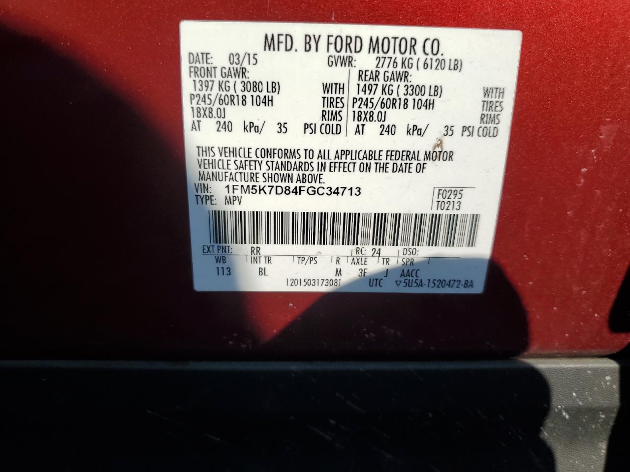 2015 Ford Explorer VIN 1FM5K7D84FGC34713 Copart auction photo, front end damage thumbnail 14