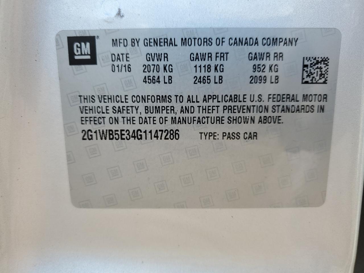 2016 Chevrolet Impala VIN 2G1WB5E34G1147286 Copart auction photo, front end / rear end damage thumbnail 15