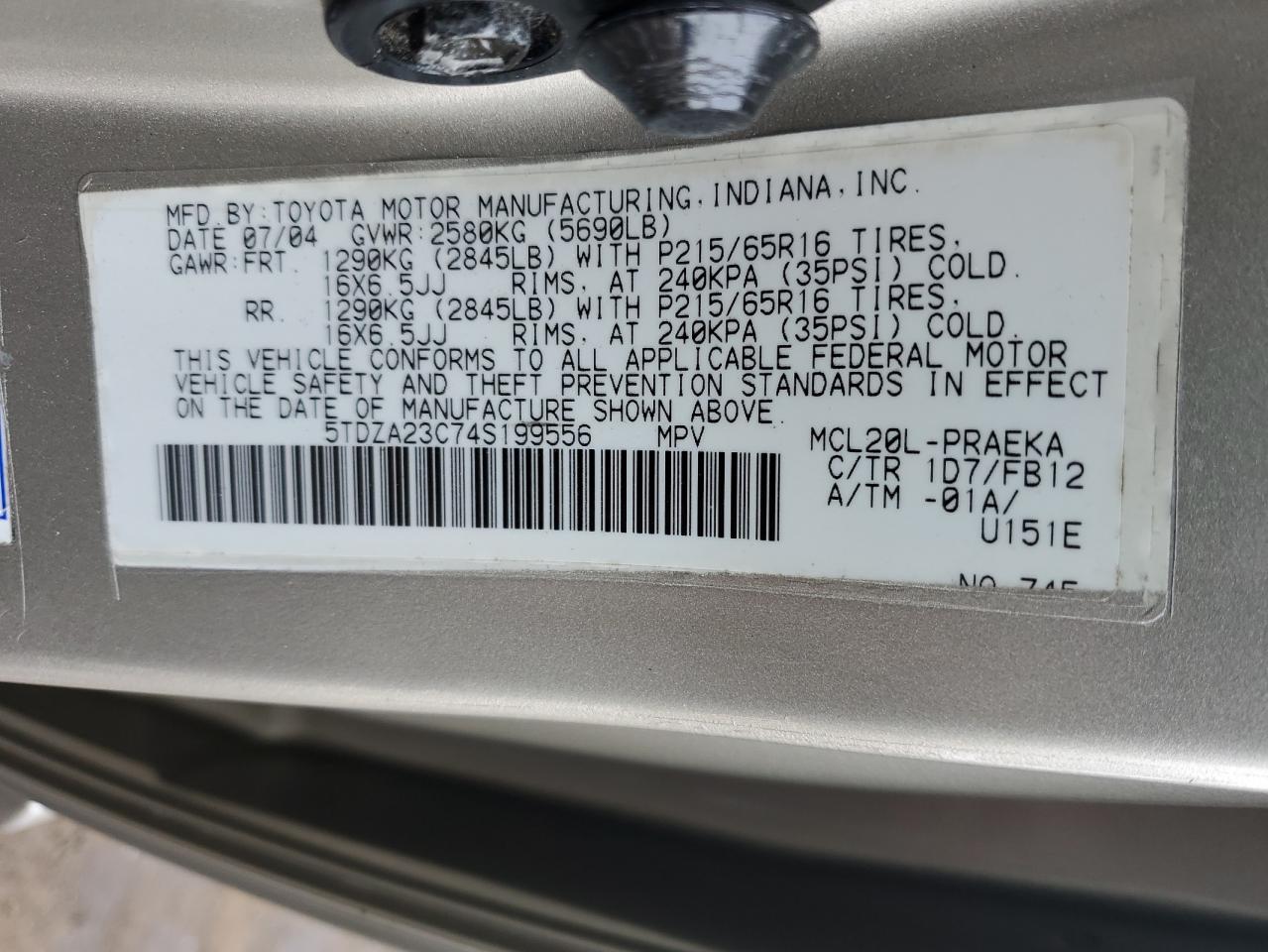2004 Toyota Sienna VIN 5TDZA23C74S199556 Copart auction photo, rear end / side damage thumbnail 15