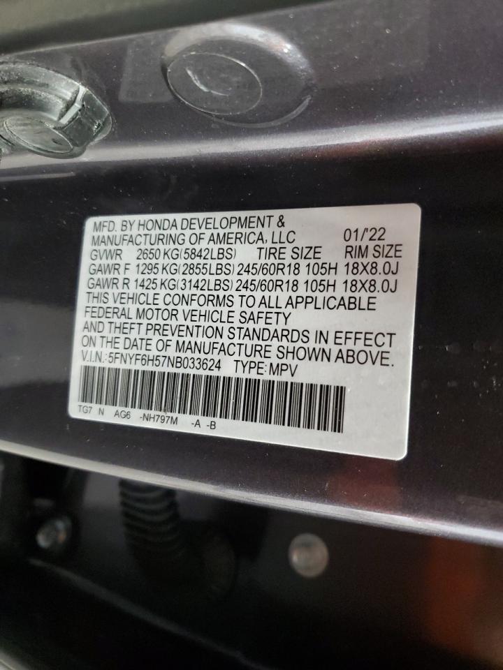 2022 Honda Pilot VIN 5FNYF6H57NB033624 Copart auction photo, front end damage thumbnail 13
