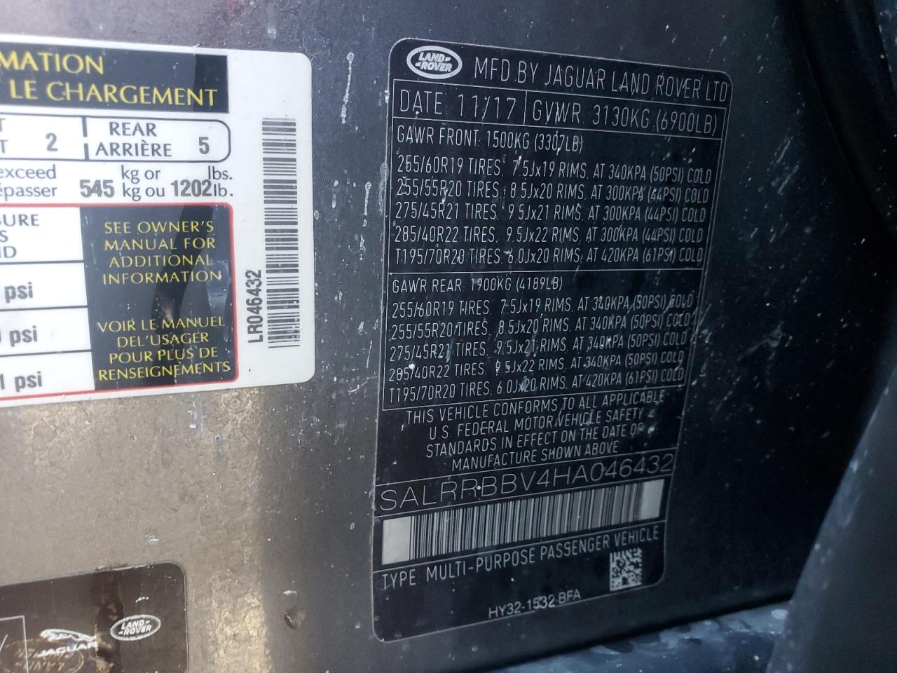 2017 Land Rover Discovery VIN SALRRBBV4HA046432 Copart auction photo, water/flood / minor dent/scratches damage thumbnail 14