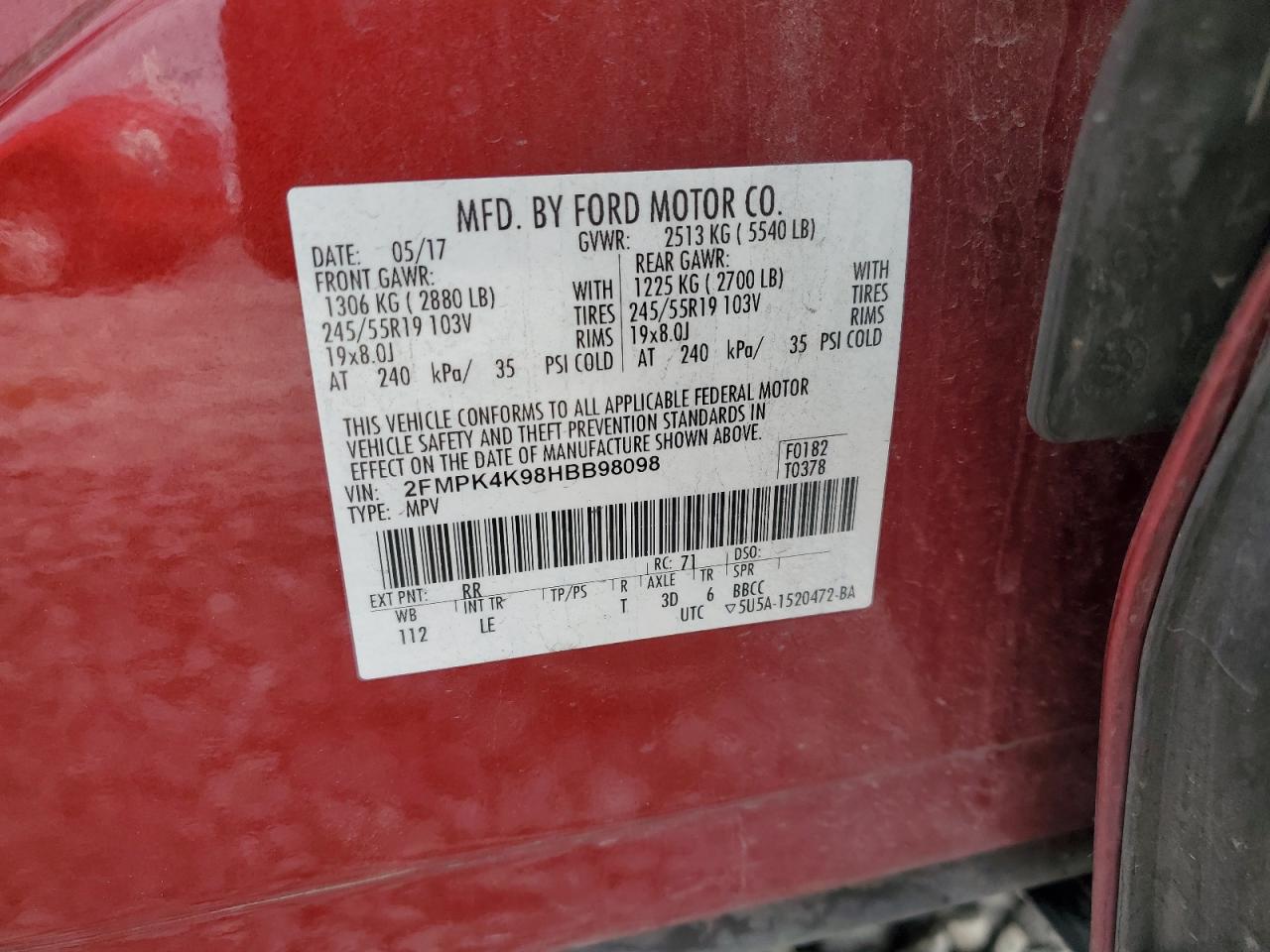 2017 Ford Edge VIN 2FMPK4K98HBB98098 Copart auction photo, front end / side damage thumbnail 13