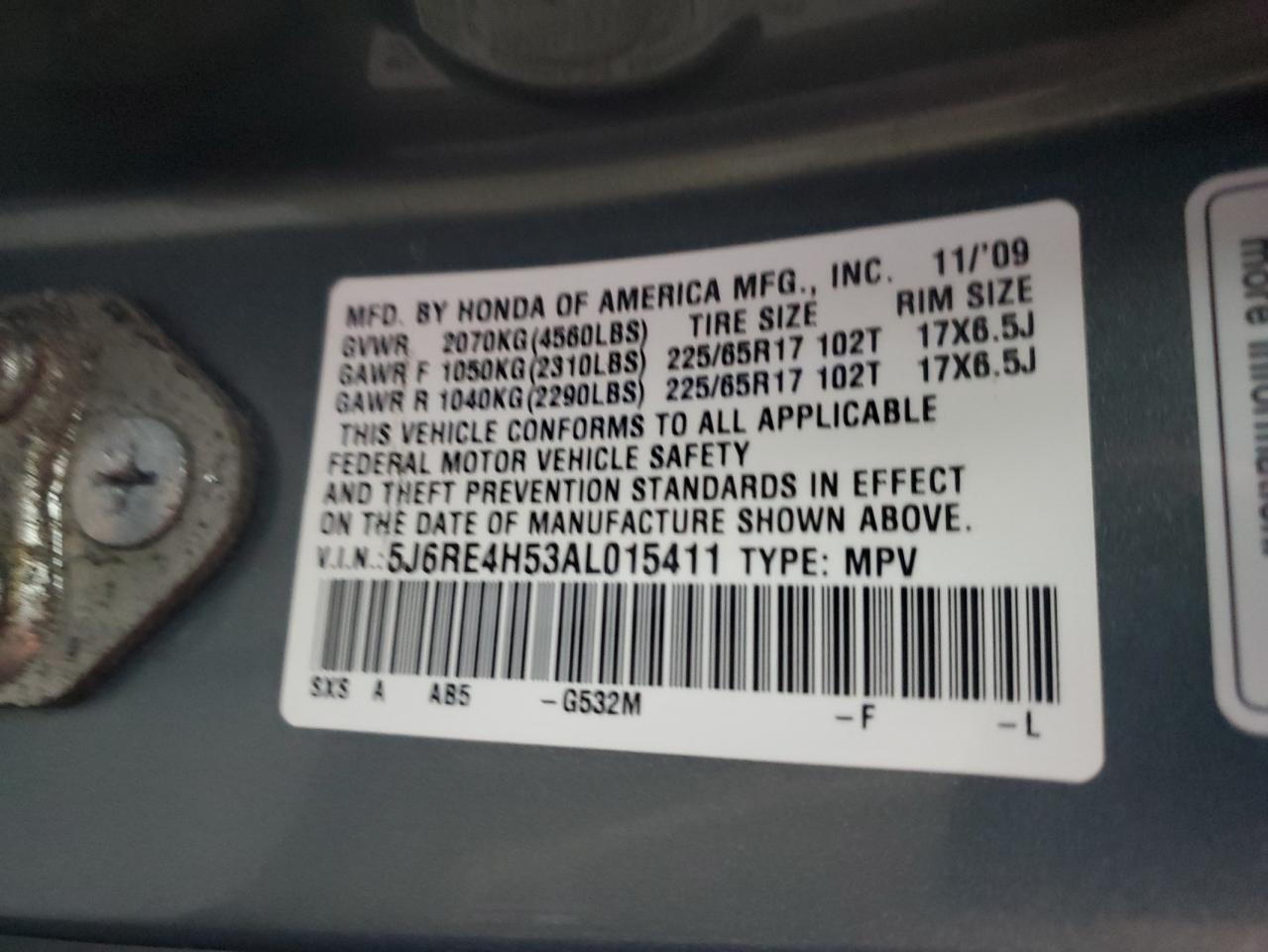 2010 Honda CR-V VIN 5J6RE4H53AL015411 Copart auction photo, water/flood damage thumbnail 14