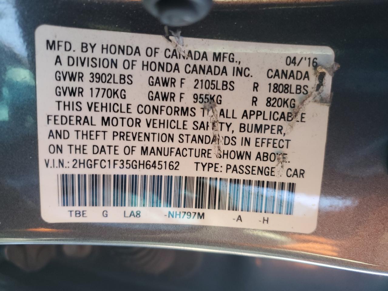 2016 Honda Civic VIN 2HGFC1F35GH645162 Copart auction photo, side / front end damage thumbnail 14