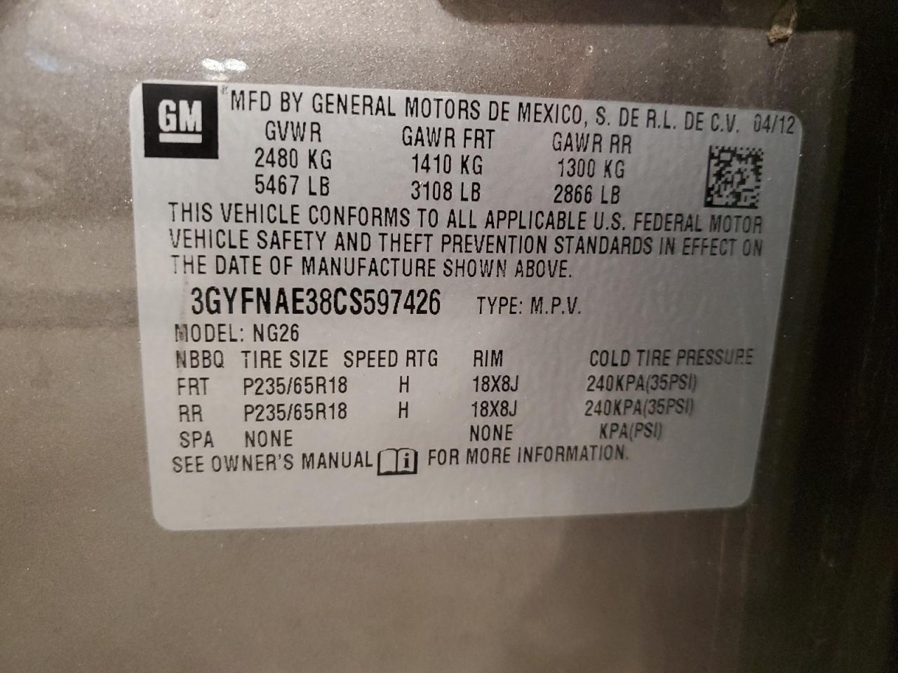 2012 Cadillac SRX VIN 3GYFNAE38CS597426 Copart auction photo, front end damage thumbnail 13