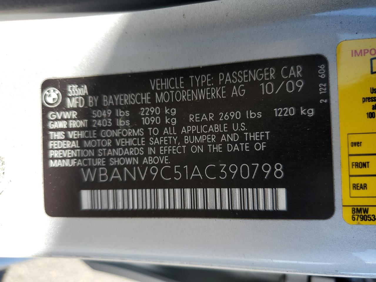 2010 BMW 5er VIN WBANV9C51AC390798 Copart auction photo, water/flood / minor dent/scratches damage thumbnail 12