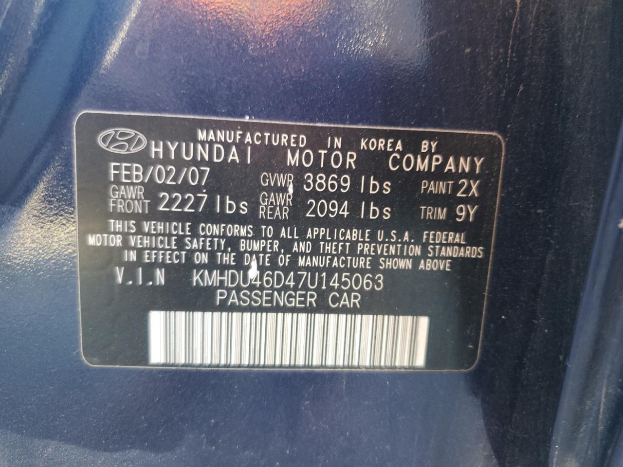 2007 Hyundai Elantra VIN KMHDU46D47U145063 Copart auction photo, rear end / side damage thumbnail 12