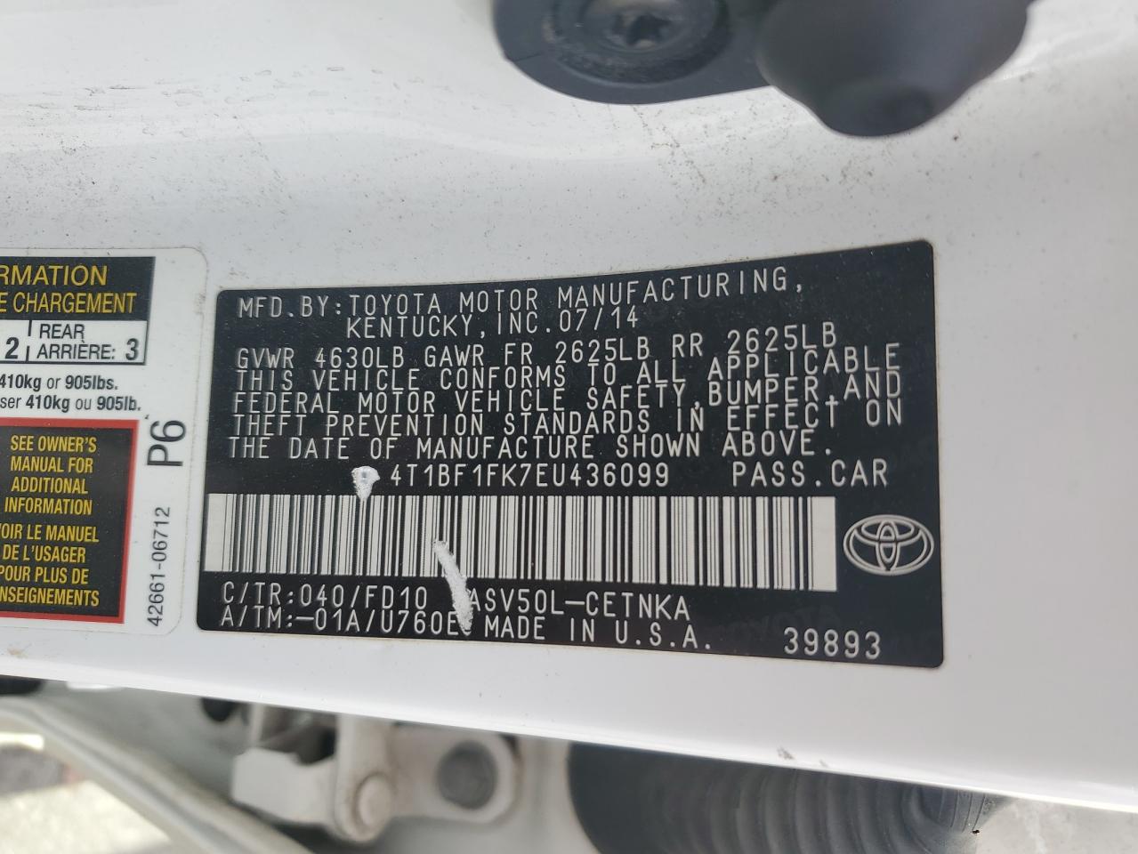 2014 Toyota Camry VIN 4T1BF1FK7EU436099 Copart auction photo, front end / side damage thumbnail 13