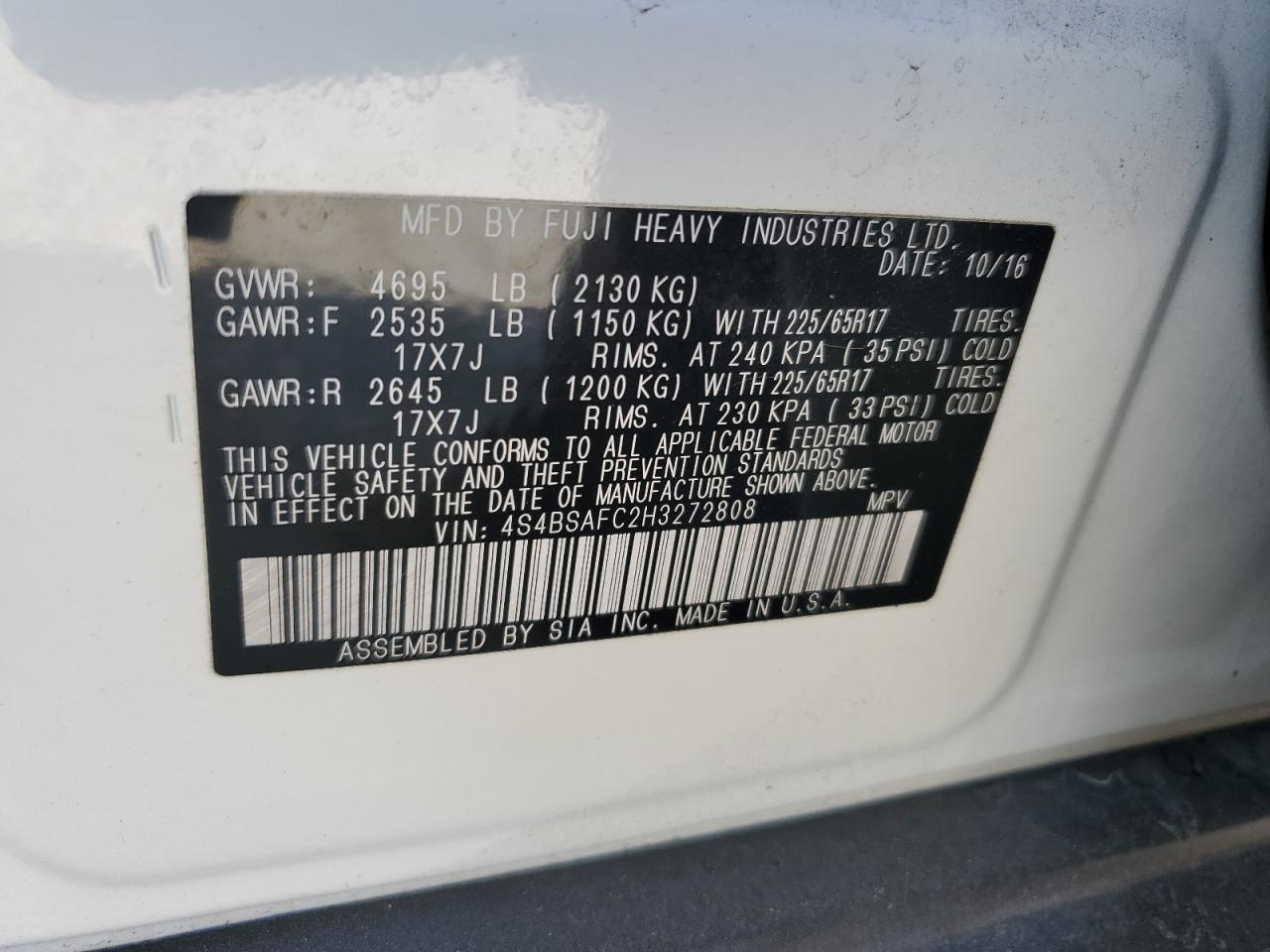 2017 Subaru Outback VIN 4S4BSAFC2H3272808 Copart auction photo, front end / minor dent/scratches damage thumbnail 13
