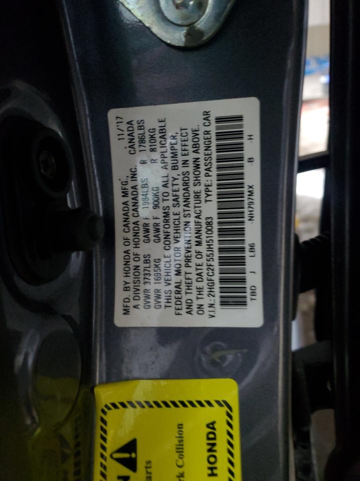 2018 Honda Civic VIN 2HGFC2F55JH510083 Copart auction photo, front end / rear end damage thumbnail 12