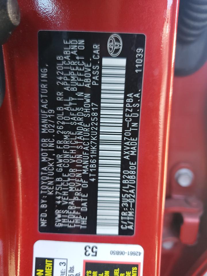 2019 Toyota Camry VIN 4T1B61HK7KU225817 Copart auction photo, front end / side damage thumbnail 12