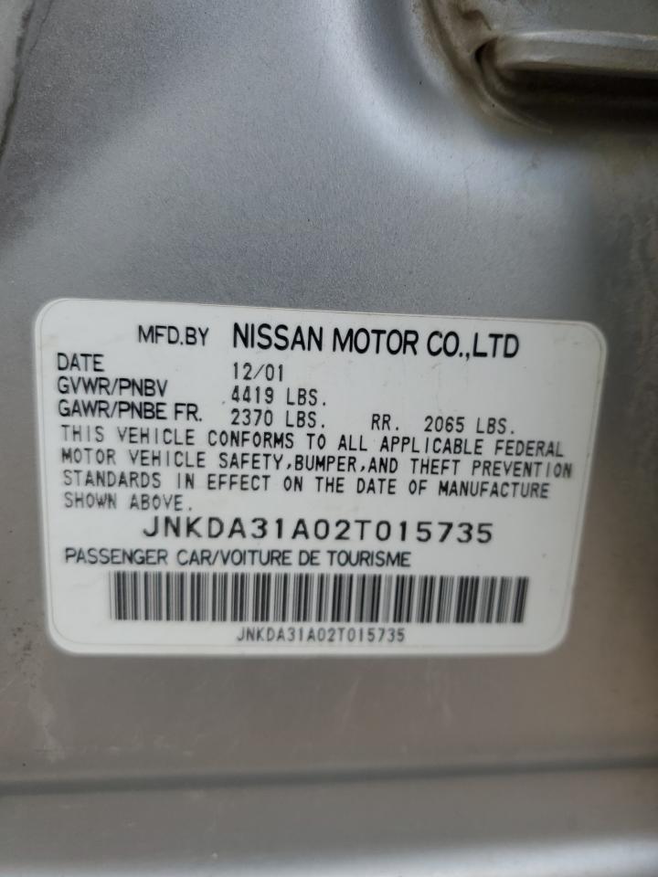 2002 Infiniti I VIN JNKDA31A02T015735 Copart auction photo, rear end / side damage thumbnail 13