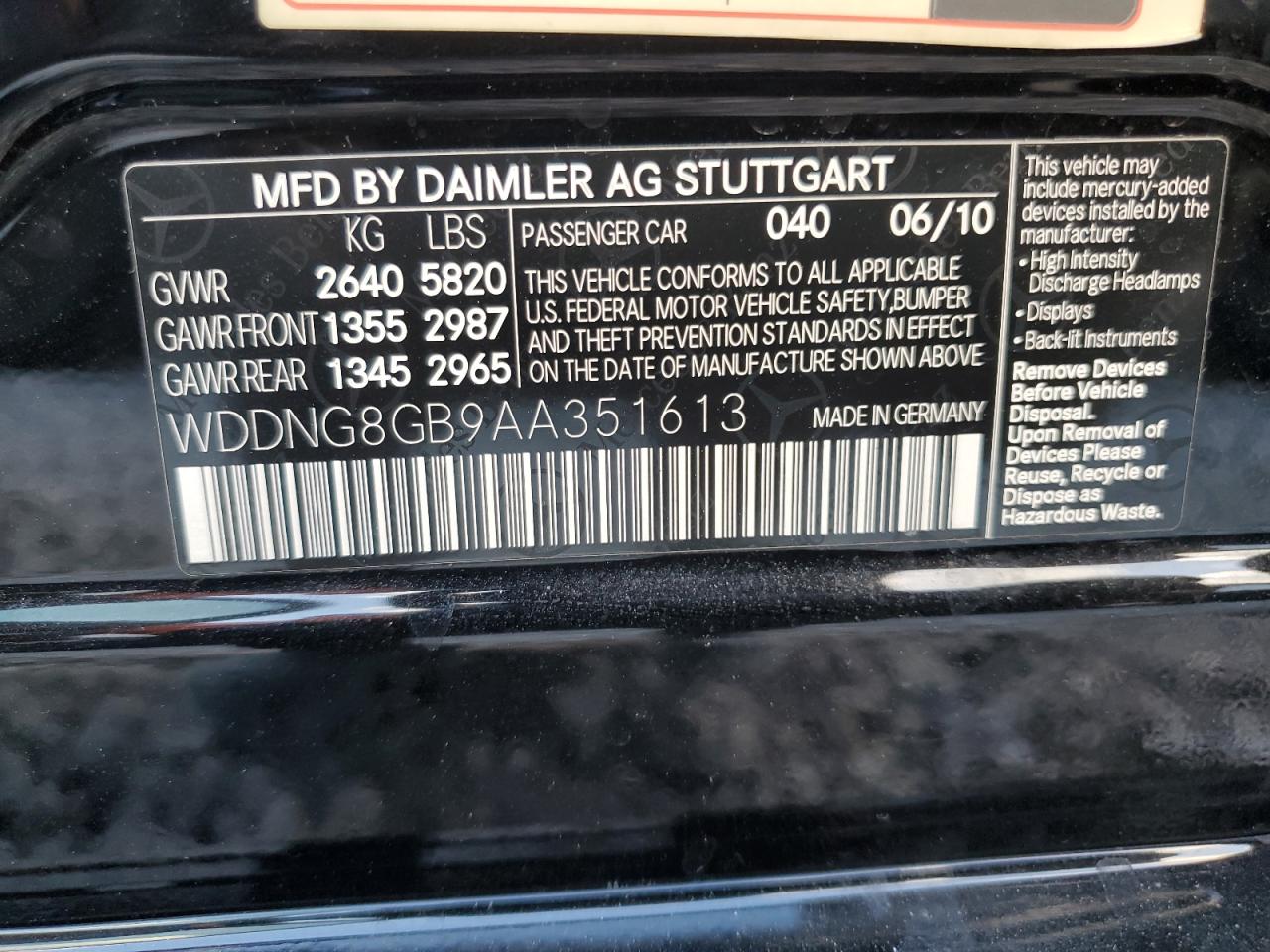 2010 Mercedes-Benz S-klasse VIN WDDNG8GB9AA351613 Copart auction photo, side / front end damage thumbnail 12