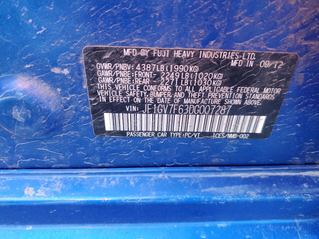 2013 Subaru WRX VIN JF1GV7F63DG007287 Copart auction photo, front end damage thumbnail 13