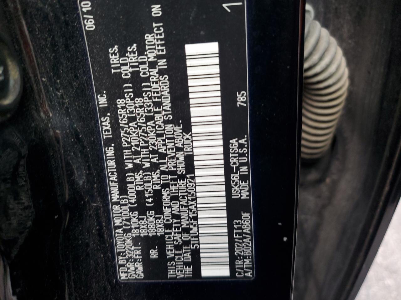 2010 Toyota Tundra VIN 5TFUW5F15AX150921 Copart auction photo, front end / side damage thumbnail 12