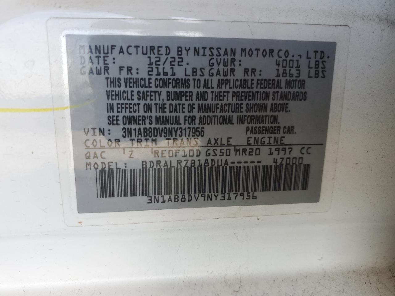 2022 Nissan Sentra VIN 3N1AB8DV9NY317956 Copart auction photo, all over damage thumbnail 13