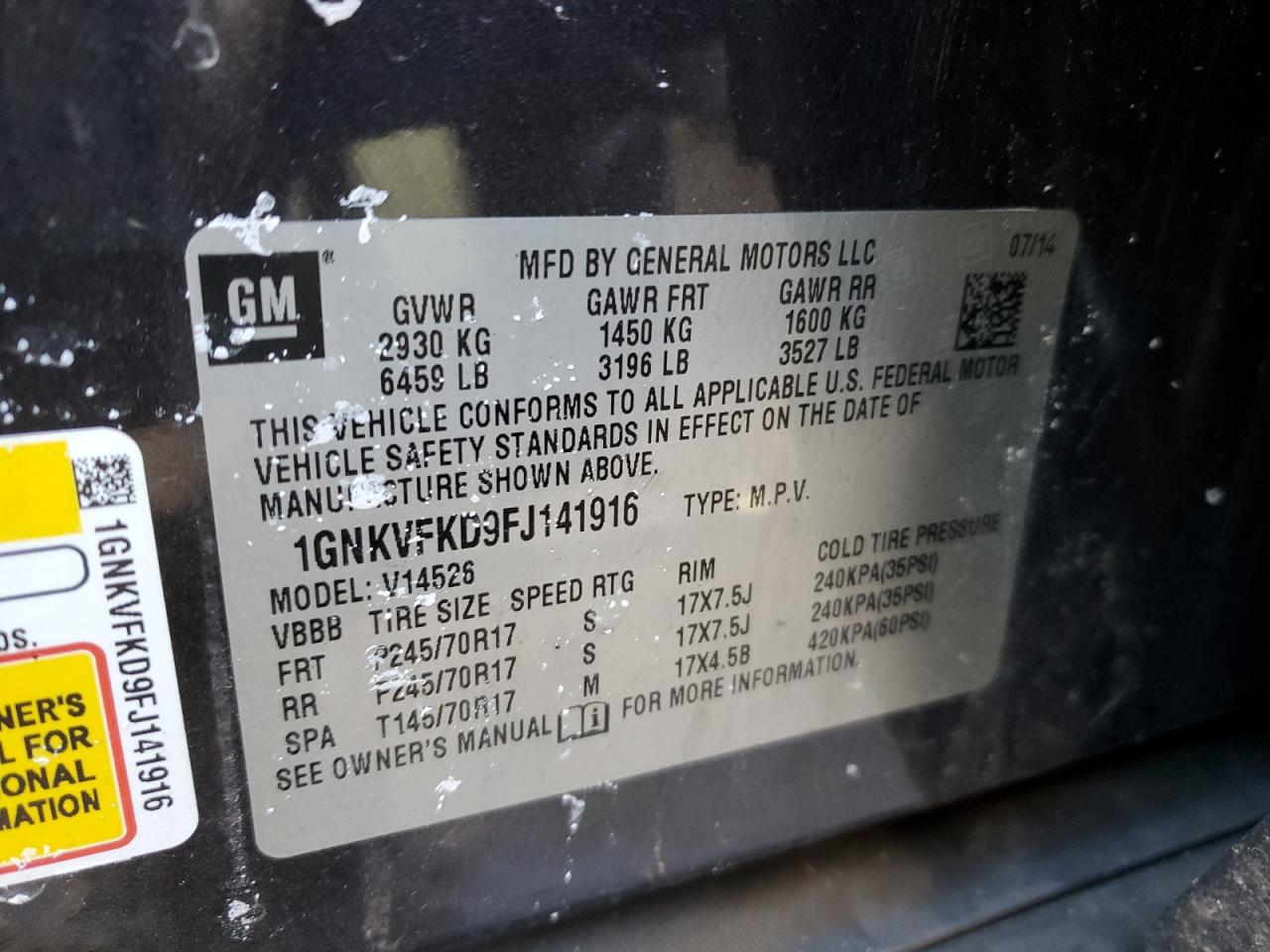 2015 Chevrolet Traverse VIN 1GNKVFKD9FJ141916 Copart auction photo, front end / rear end damage thumbnail 13