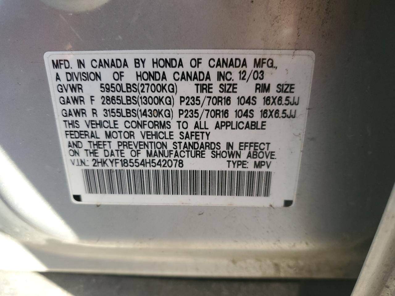 2004 Honda Pilot VIN 2HKYF18554H542078 Copart auction photo, front end / minor dent/scratches damage thumbnail 13
