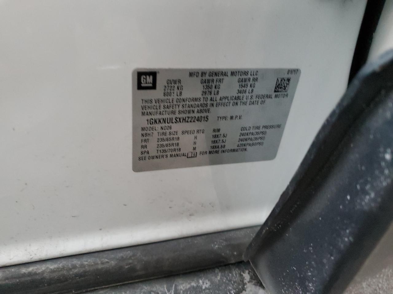 2017 GMC Acadia VIN 1GKKNULSXHZ224015 Copart auction photo, side / rear end damage thumbnail 15