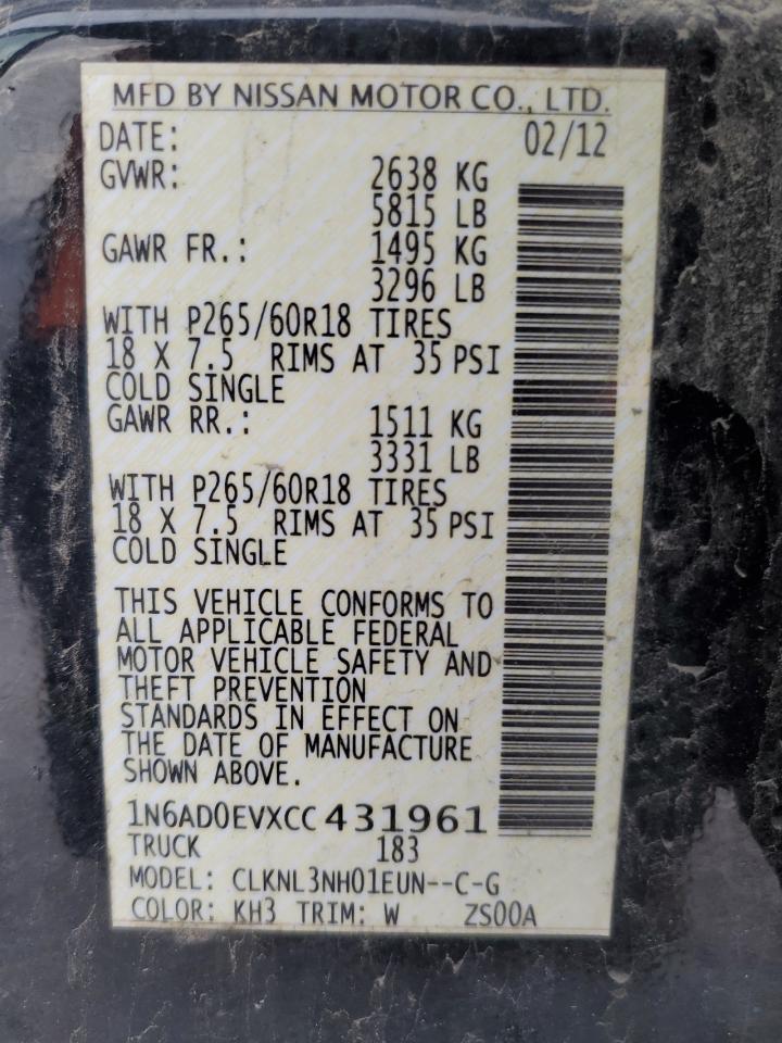 2012 Nissan Navara (Frontier) VIN 1N6AD0EVXCC431961 Copart auction photo, front end / minor dent/scratches damage thumbnail 12