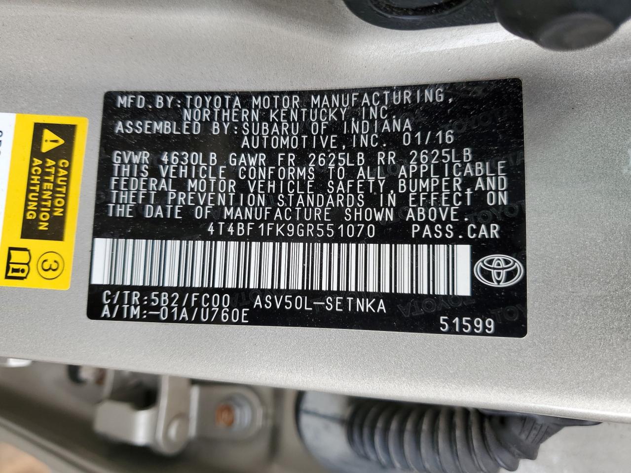 2016 Toyota Camry VIN 4T4BF1FK9GR551070 Copart auction photo, front end / minor dent/scratches damage thumbnail 13