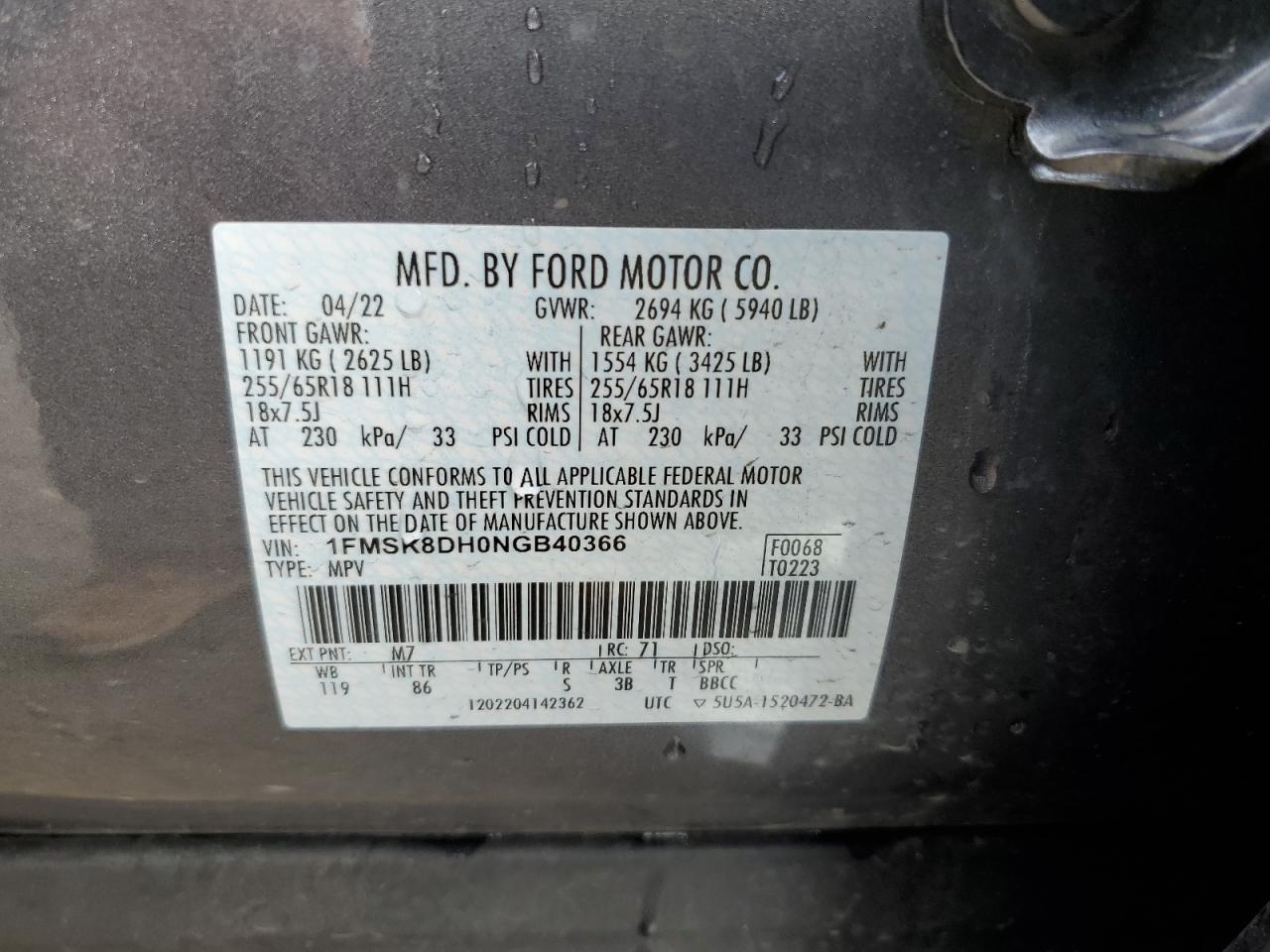 2022 Ford Explorer VIN 1FMSK8DH0NGB40366 Copart auction photo, rear end damage thumbnail 15