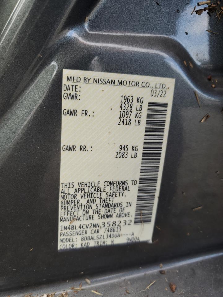 2022 Nissan Altima VIN 1N4BL4CV2NN358232 Copart auction photo, water/flood damage thumbnail 13