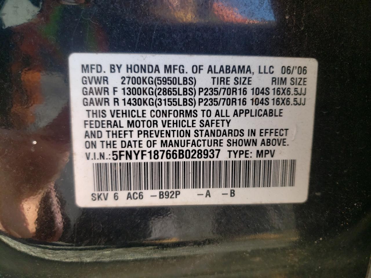 2006 Honda Pilot VIN 5FNYF18766B028937 Copart auction photo, side / rear end damage thumbnail 16