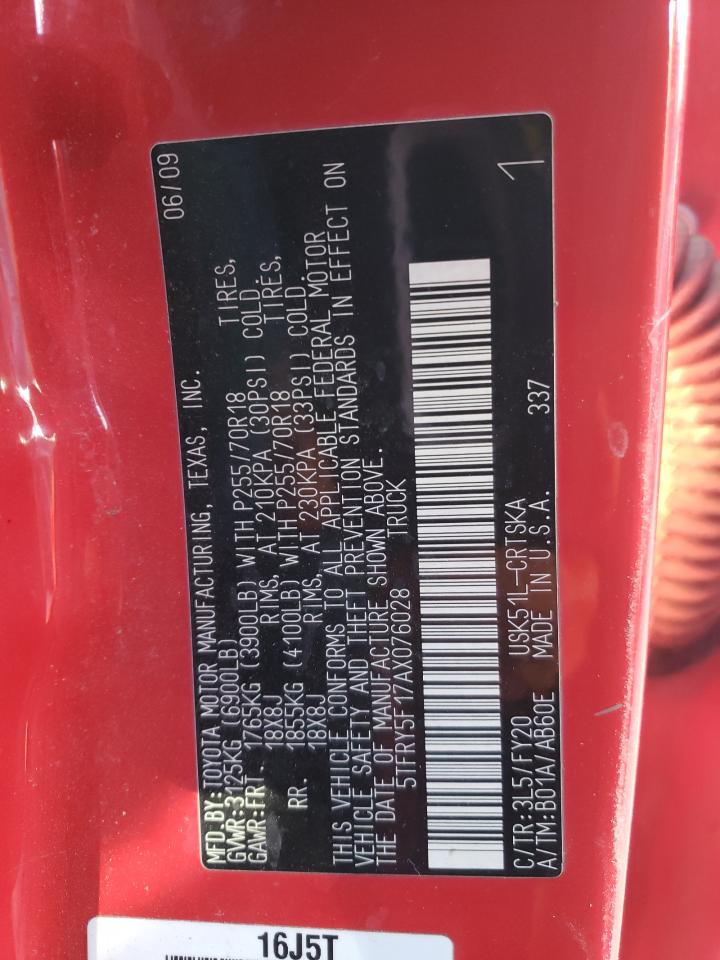 2010 Toyota Tundra VIN 5TFRY5F17AX076028 Copart auction photo, front end damage thumbnail 14