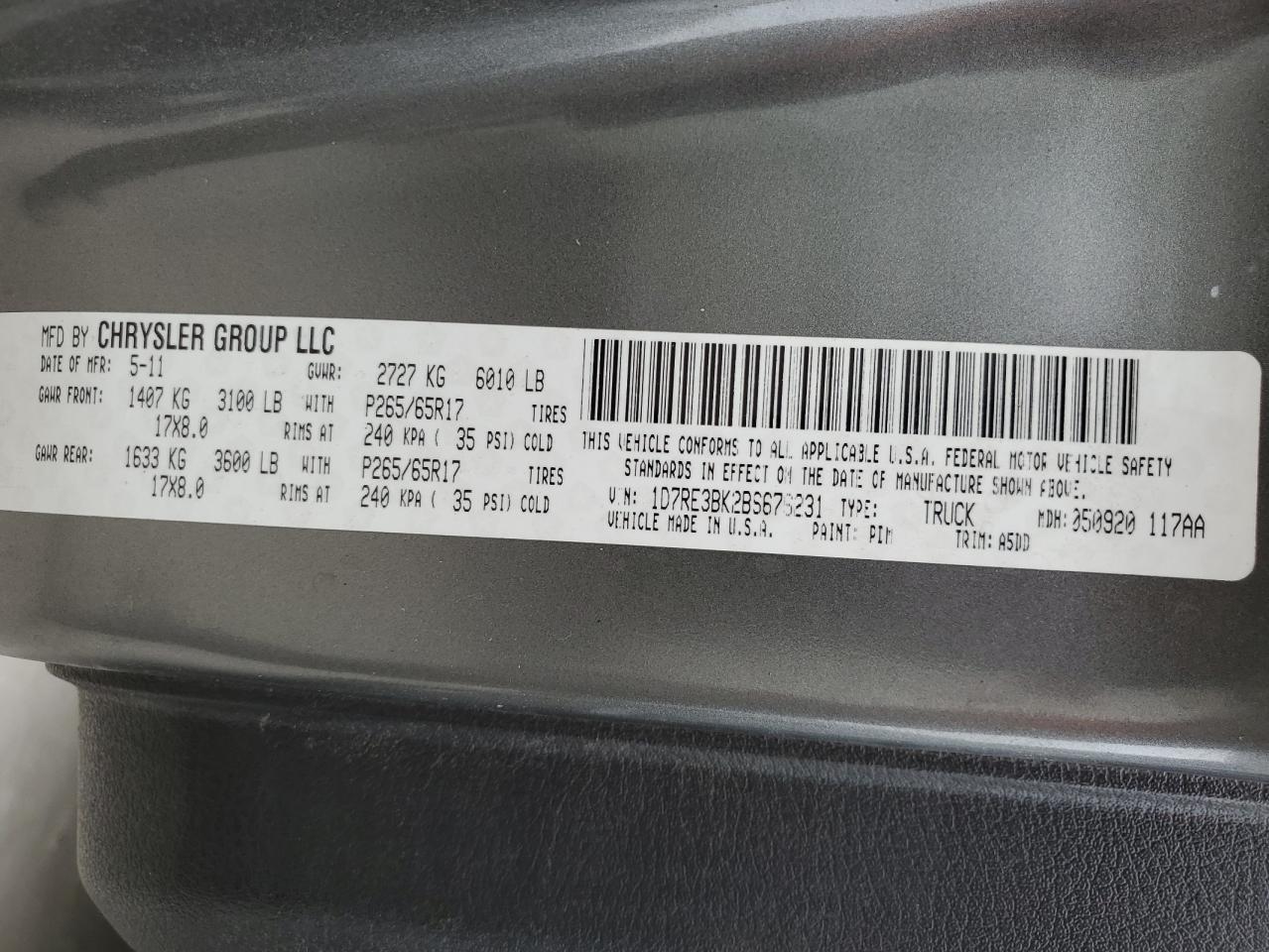 2011 Dodge Dakota VIN 1D7RE3BK2BS676231 Copart auction photo, water/flood damage thumbnail 13