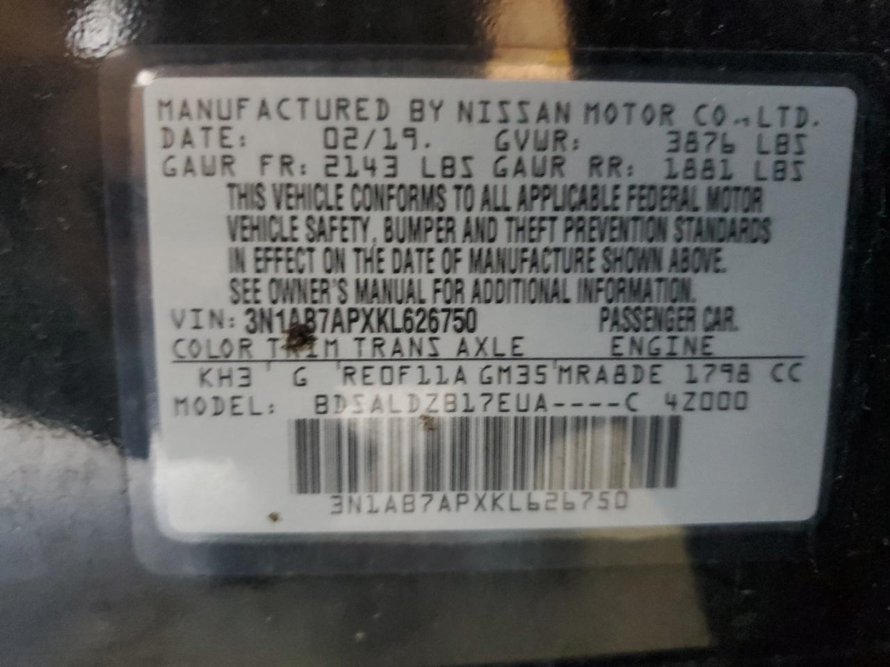 2019 Nissan Sentra VIN 3N1AB7APXKL626750 Copart auction photo, front end / minor dent/scratches damage thumbnail 12