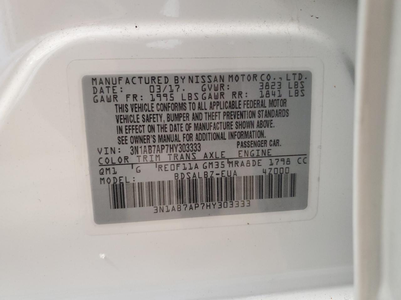 2017 Nissan Sentra VIN 3N1AB7AP7HY303333 Copart auction photo, front end / side damage thumbnail 12