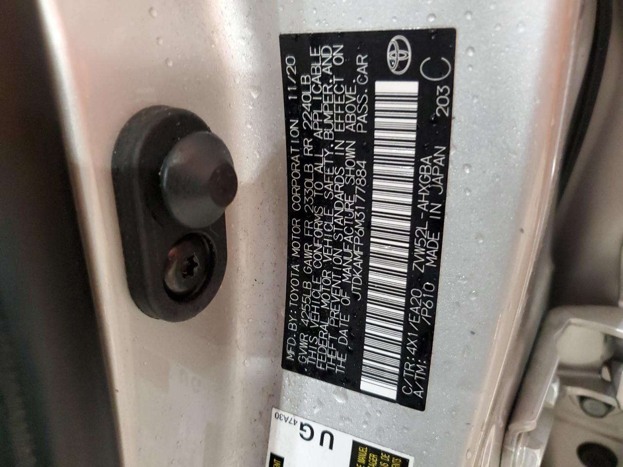 2021 Toyota Prius VIN JTDKAMFP6M3177884 Copart auction photo, all over damage thumbnail 12