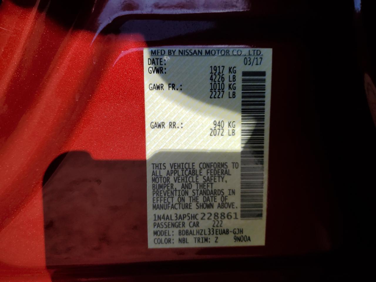 2017 Nissan Altima VIN 1N4AL3AP5HC228861 Copart auction photo, front end / minor dent/scratches damage thumbnail 13