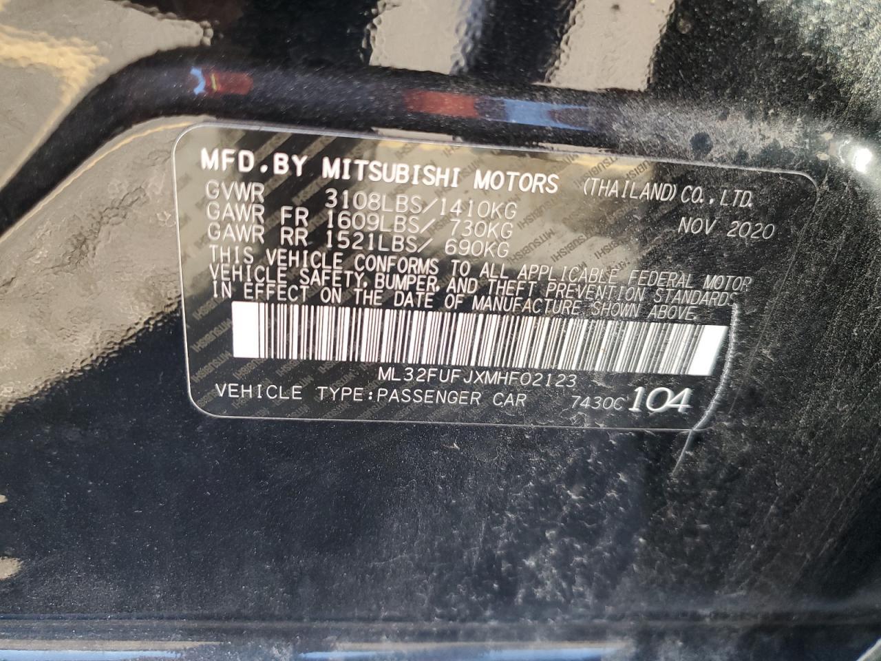2021 Mitsubishi Mirage VIN ML32FUFJXMHF02123 Copart auction photo, front end / all over damage thumbnail 12